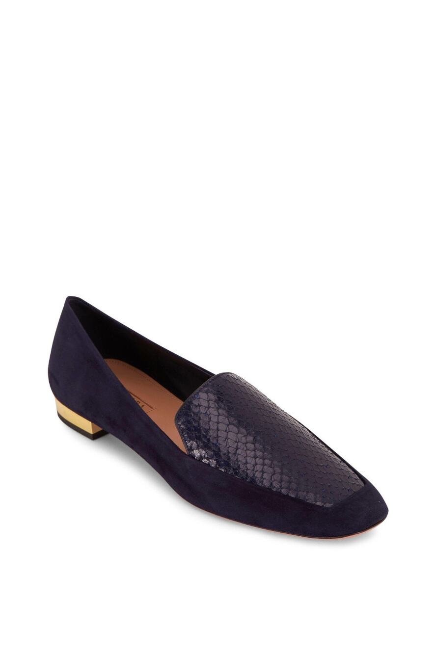 Aquazzura EUC Ink Blue Suede & Snake Greenwich Leather Loafer Shoe 38.5 8.5 US